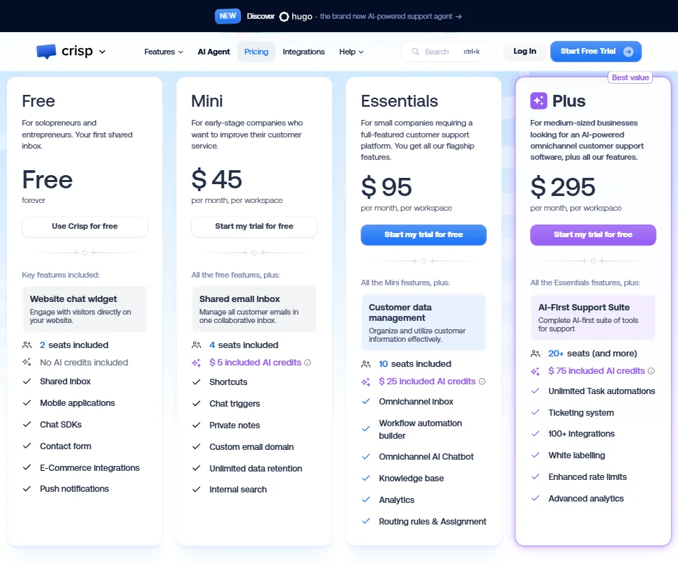 Crisp pricing screenshot