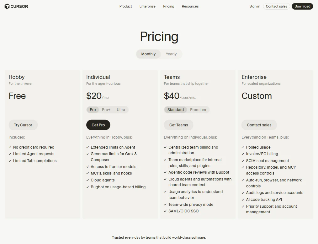 Cursor pricing screenshot