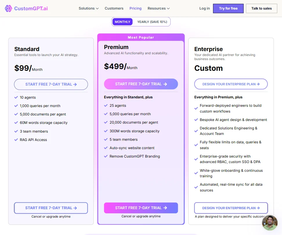 CustomGPT.ai pricing screenshot