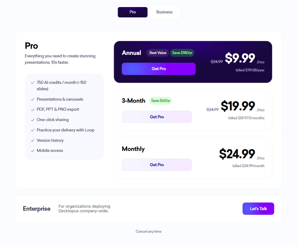 Decktopus AI pricing screenshot