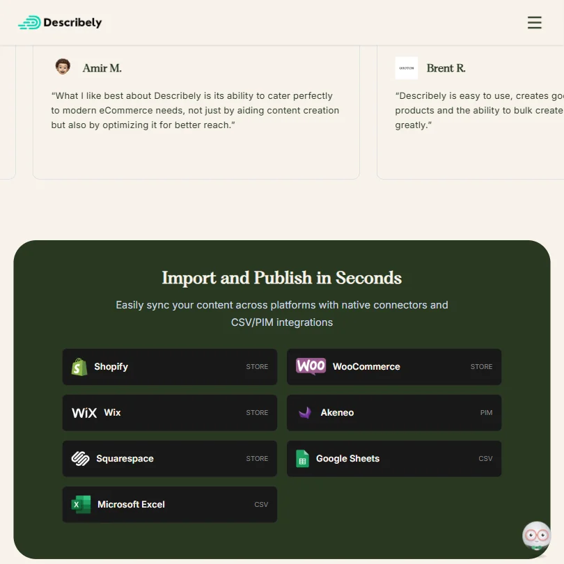 Describely features screenshot