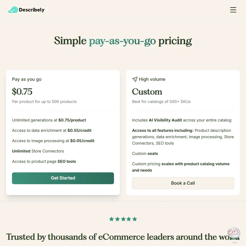 Describely pricing screenshot