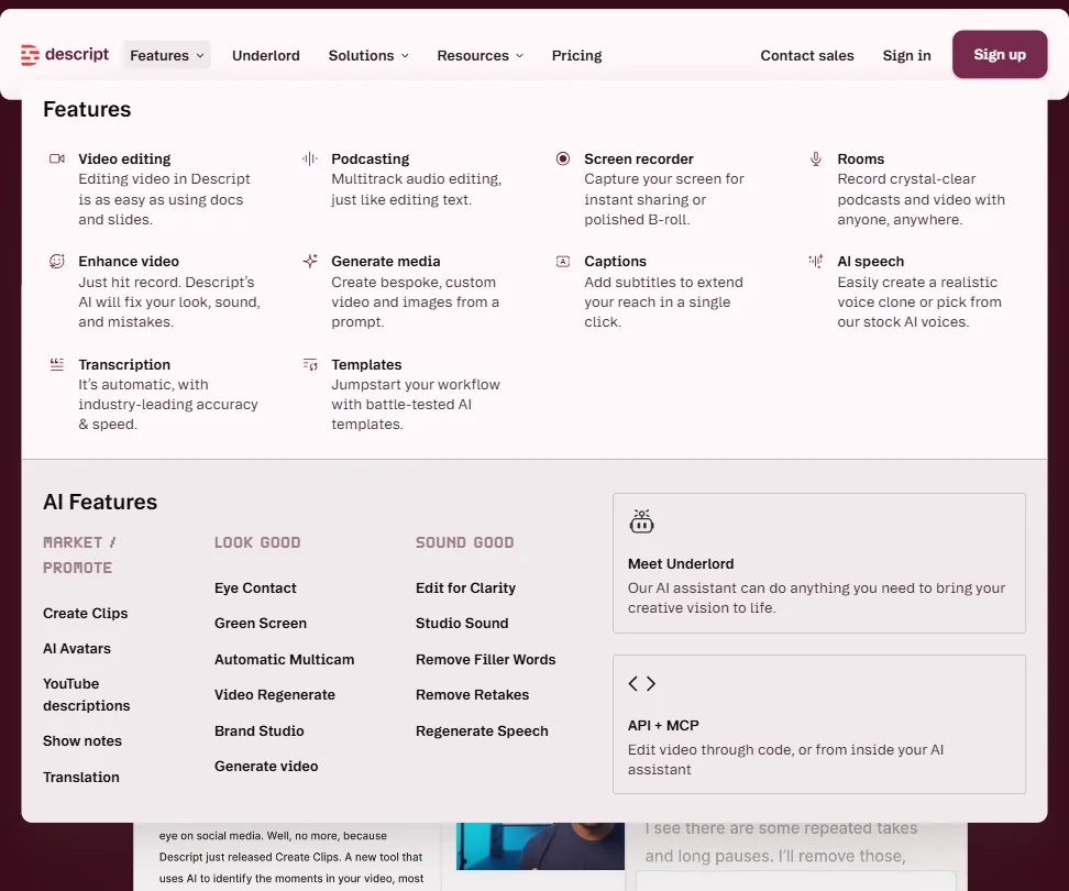 Descript features screenshot