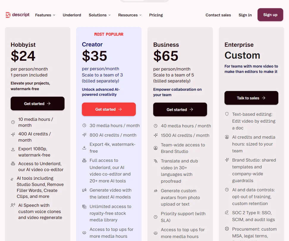 Descript pricing screenshot