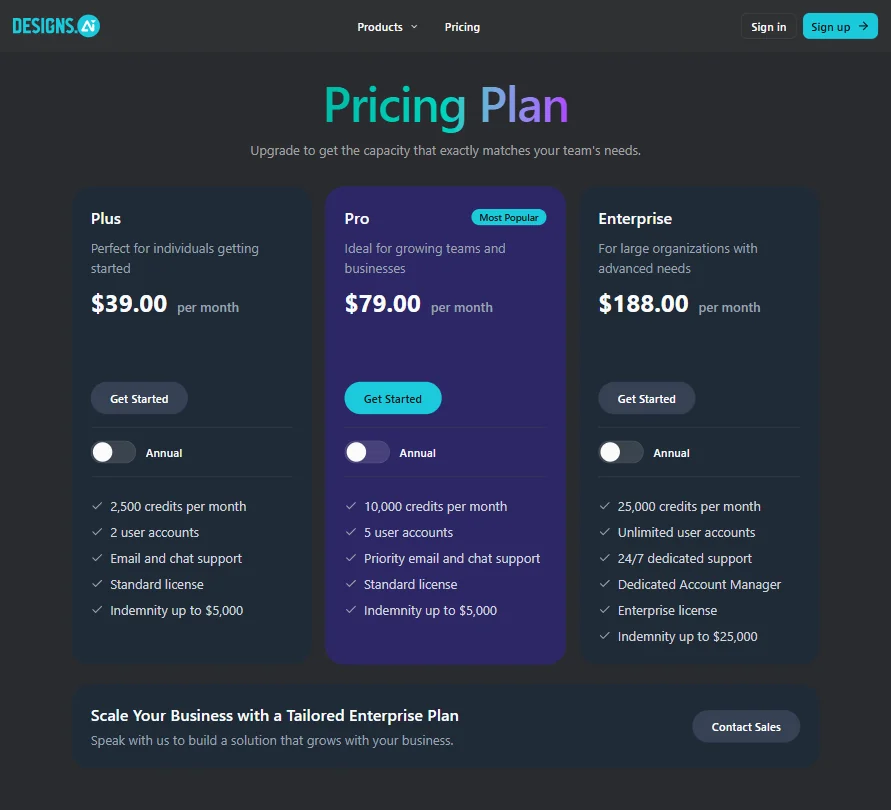 DesignsAI pricing screenshot