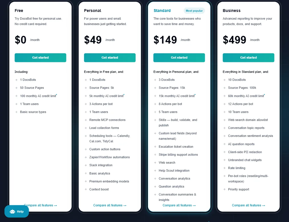 DocsBot pricing screenshot