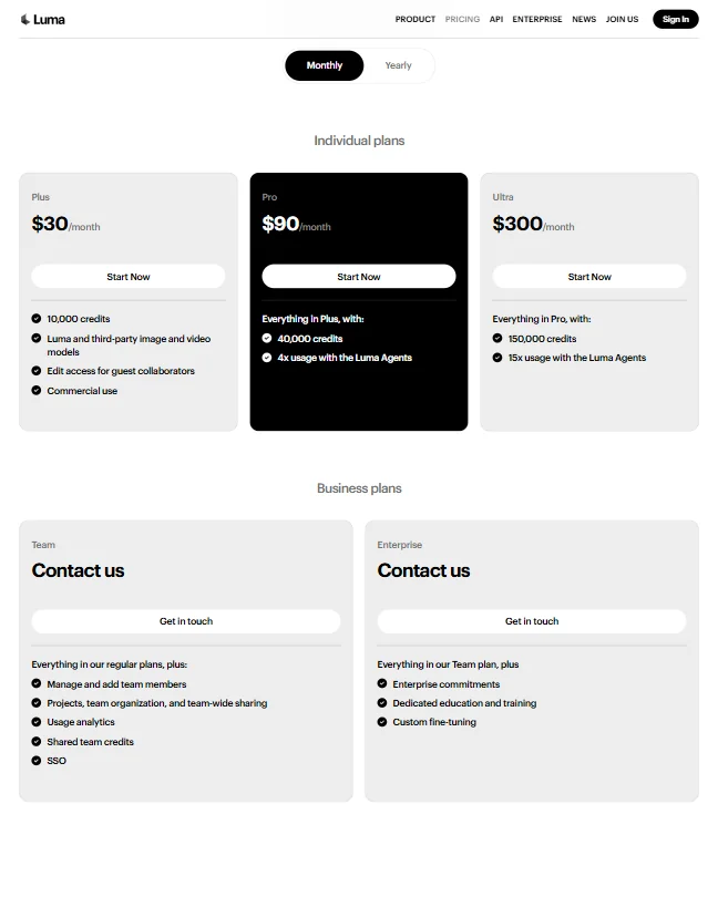 Dream Machine pricing screenshot