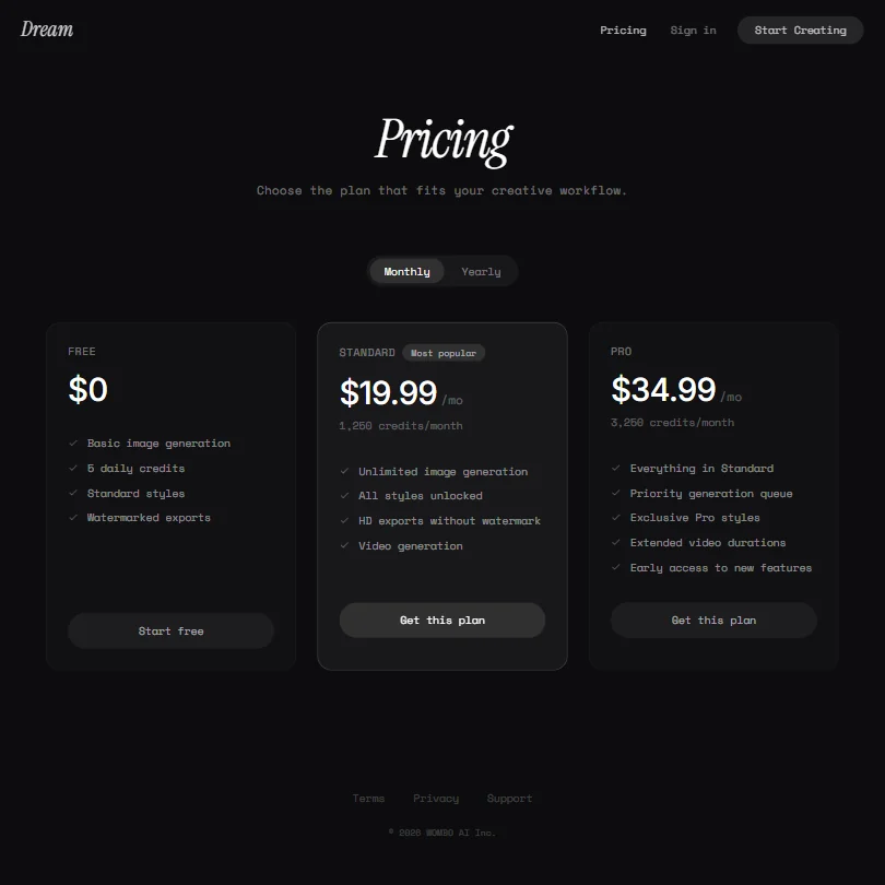 Dream pricing screenshot