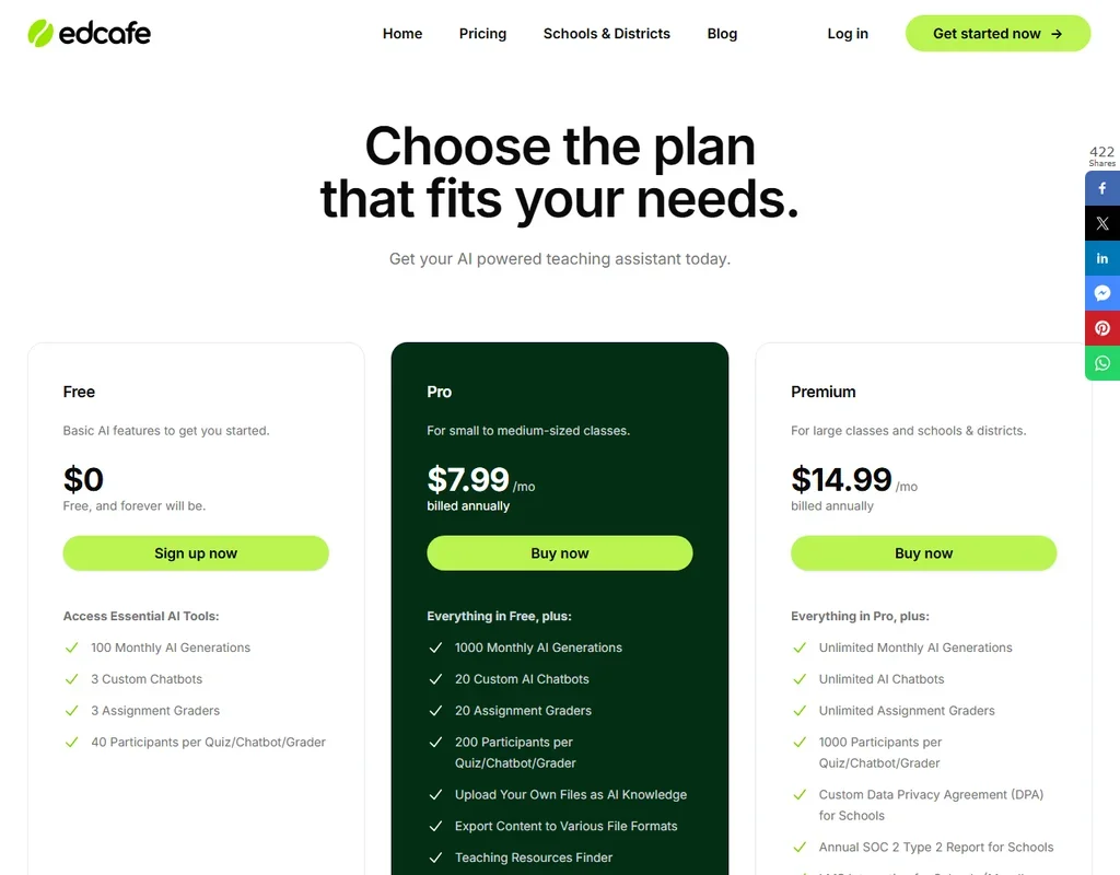 Edcafe pricing screenshot