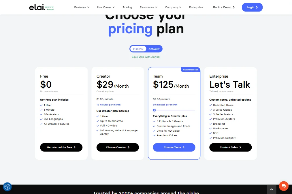 Elai.io pricing screenshot