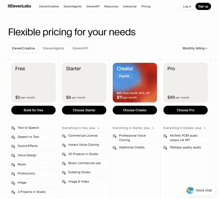 ElevenLabs pricing screenshot