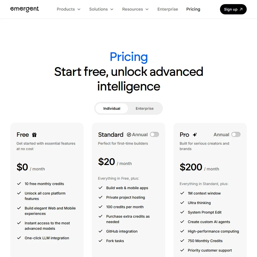 Emergent pricing screenshot