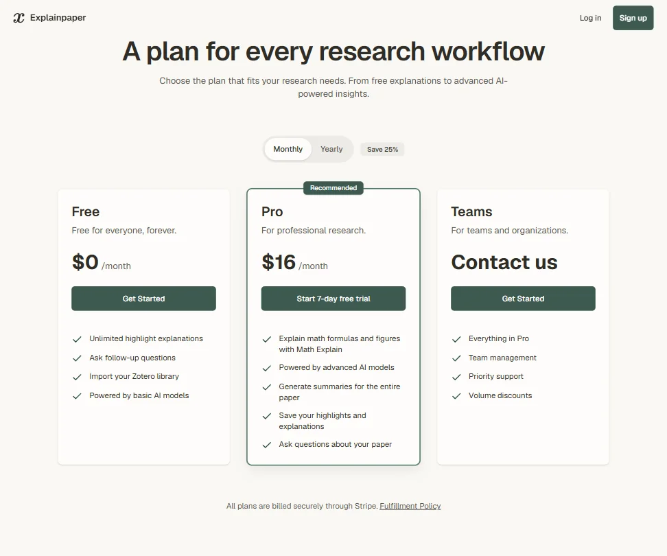 Explainpaper pricing screenshot
