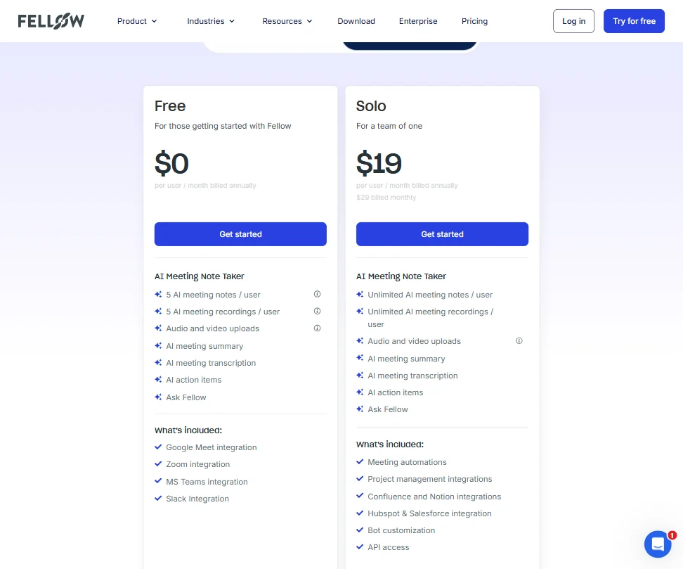 Fellow.ai pricing screenshot