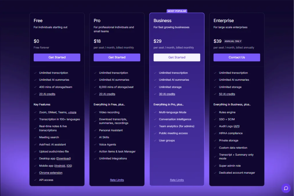 Fireflies.ai pricing screenshot