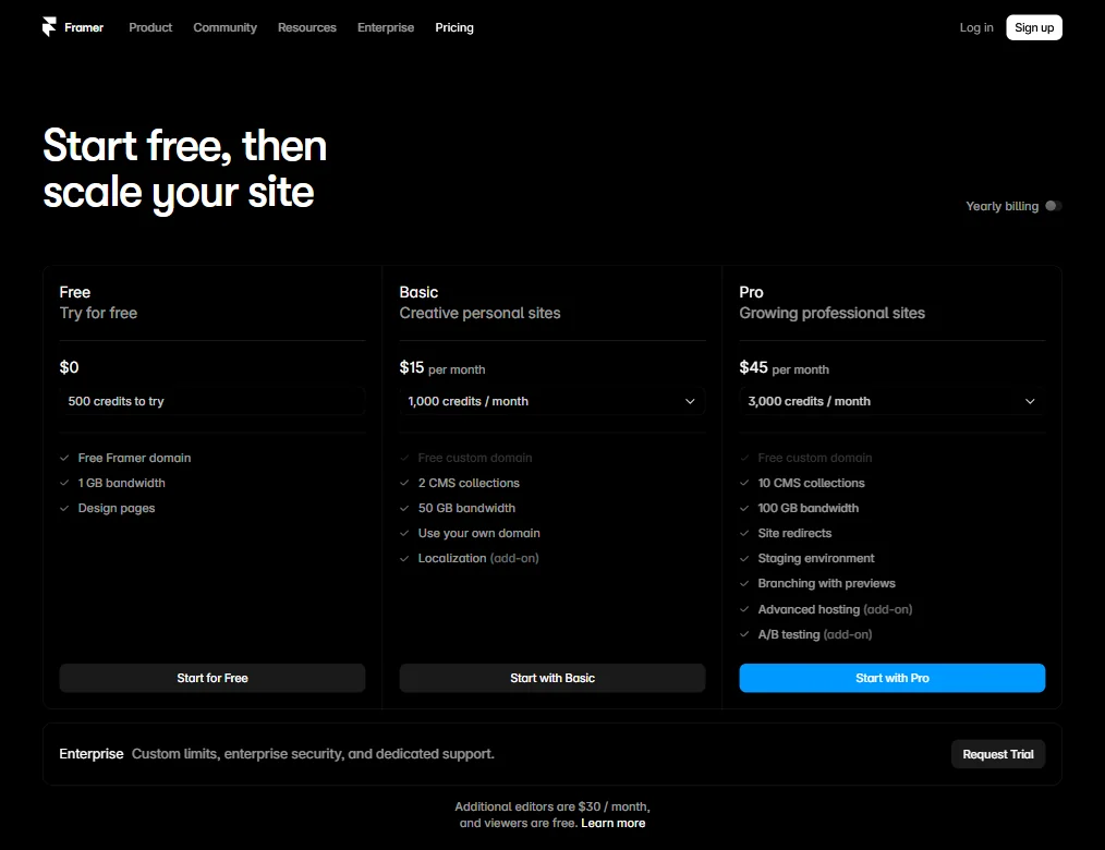 Framer pricing screenshot