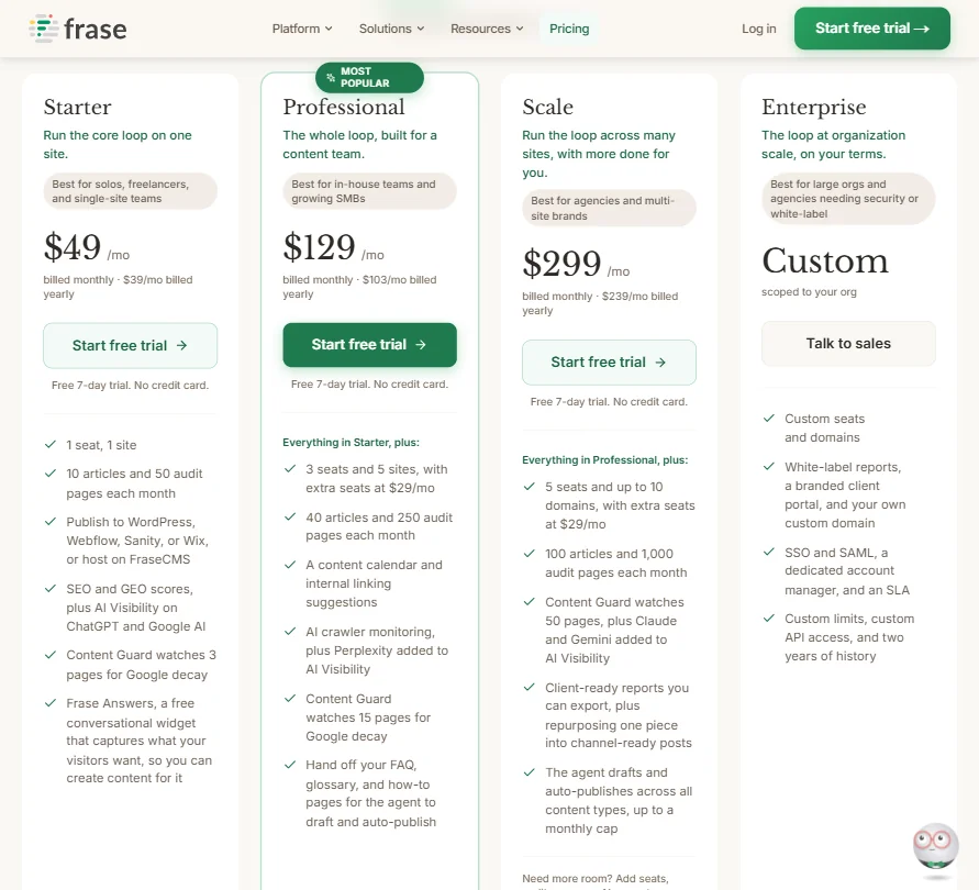 Frase pricing screenshot