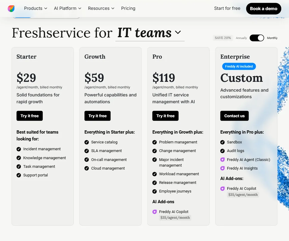 Freshworks pricing screenshot