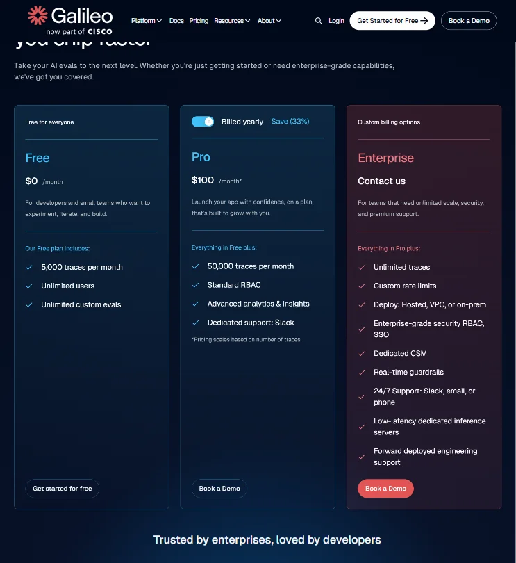 Galileo AI pricing screenshot
