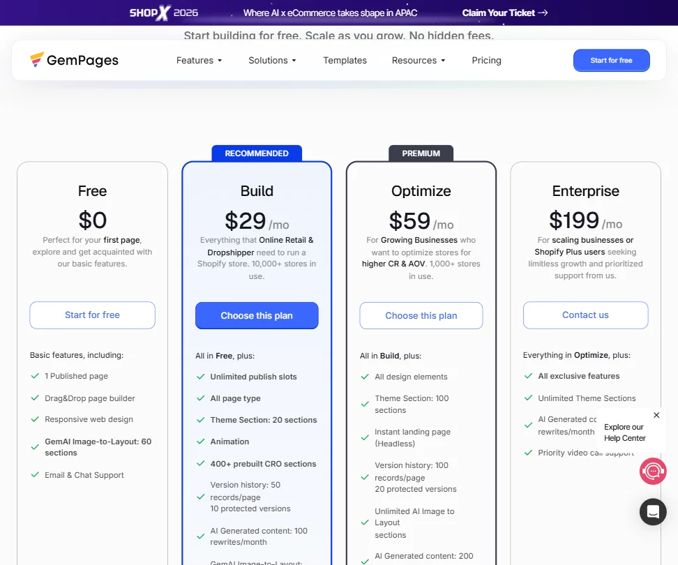 GemPages pricing screenshot