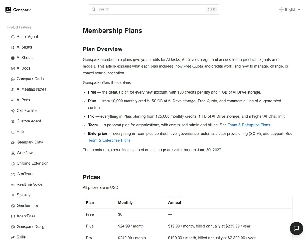 Genspark pricing screenshot