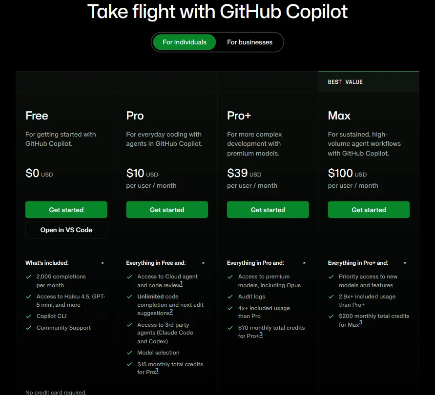 GitHub pricing screenshot
