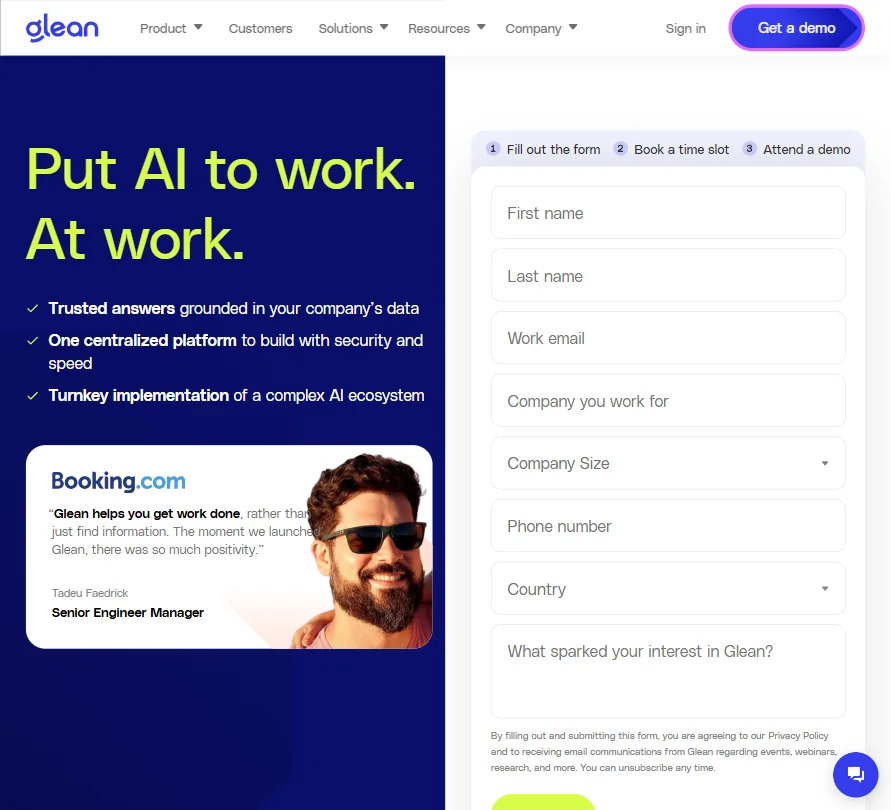 Glean pricing screenshot