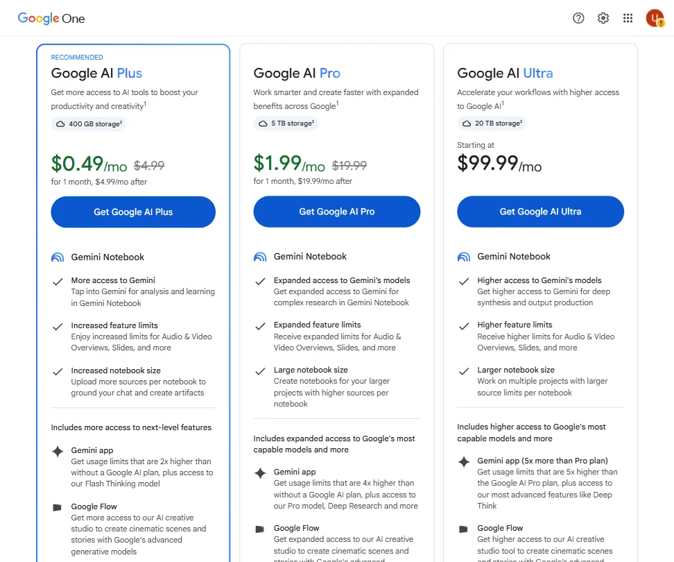 Google NotebookLM pricing screenshot
