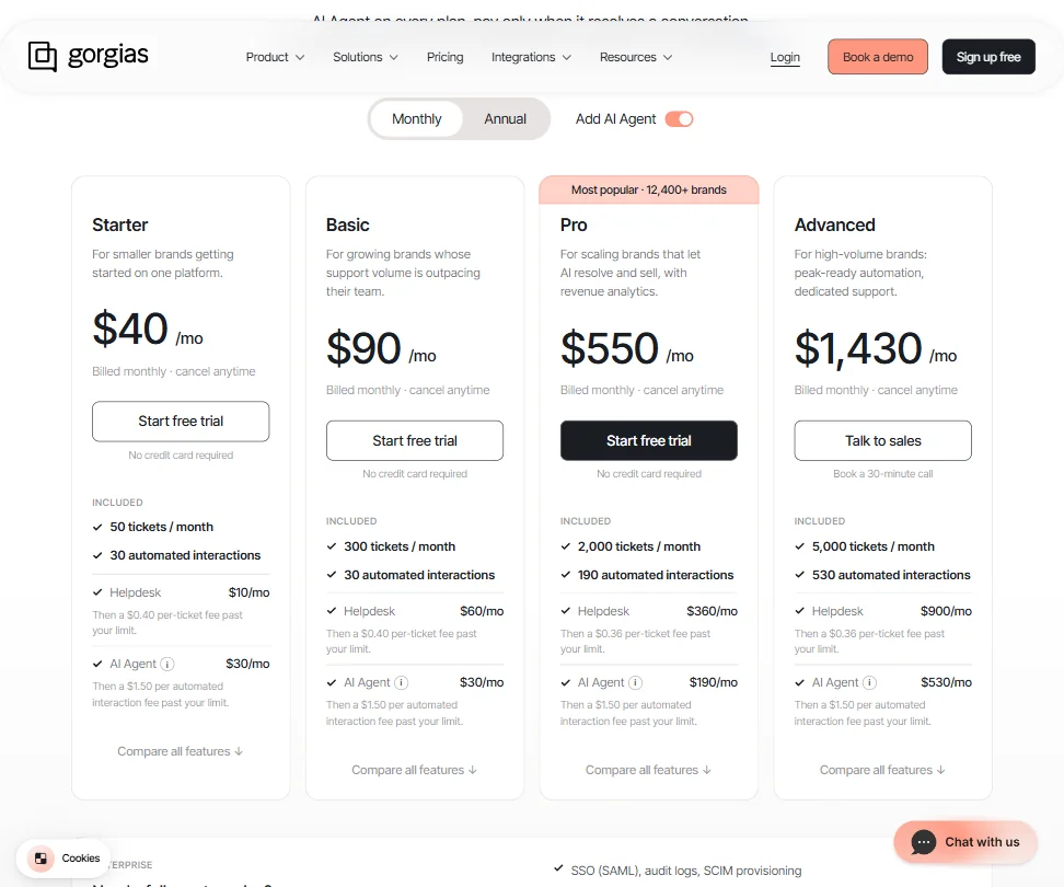 Gorgias pricing screenshot