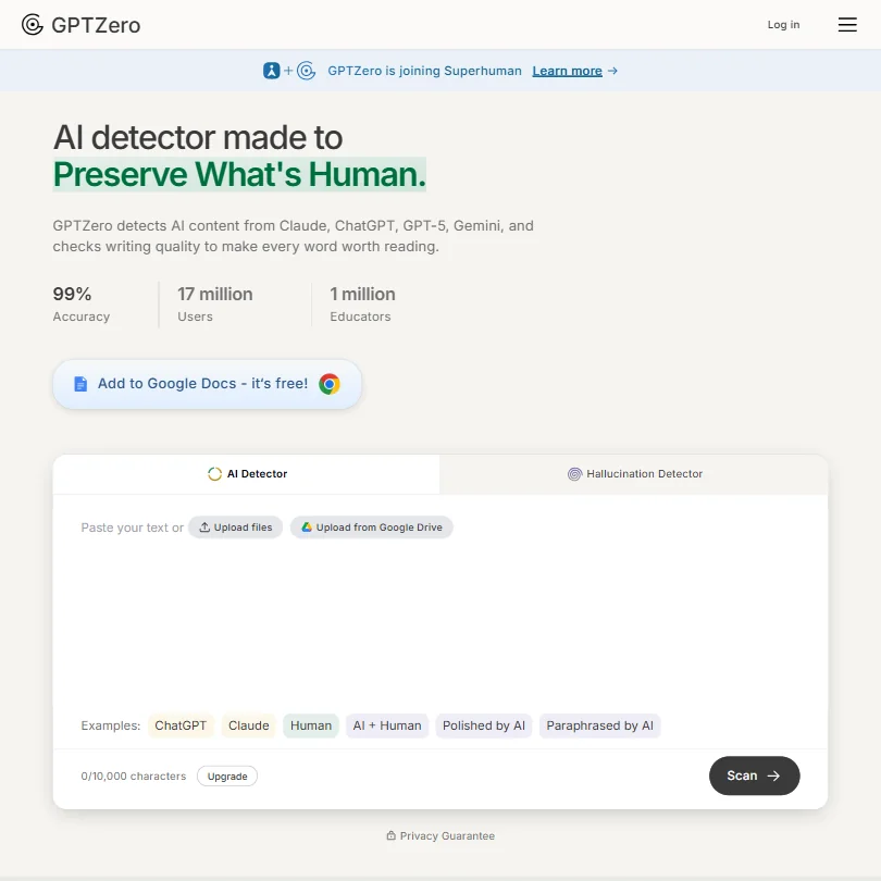 GPTZero homepage screenshot