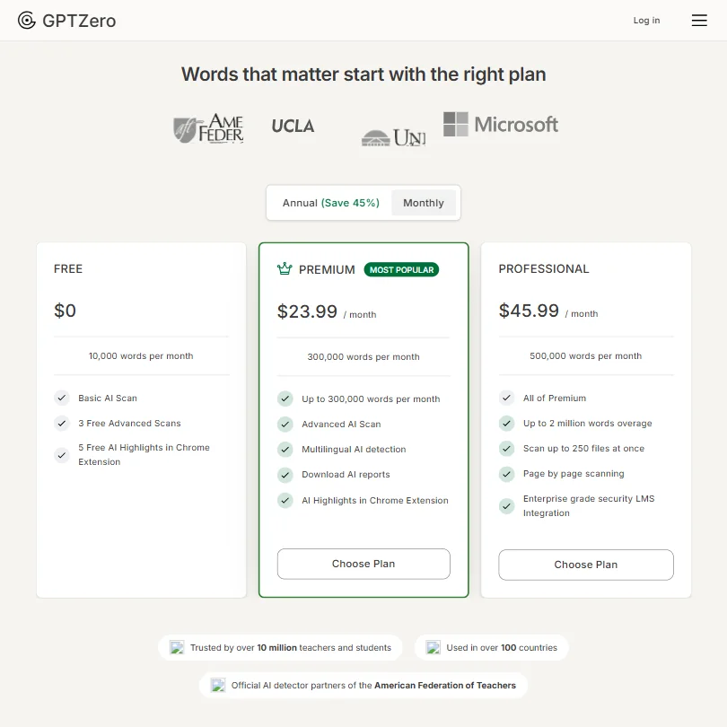 GPTZero pricing screenshot