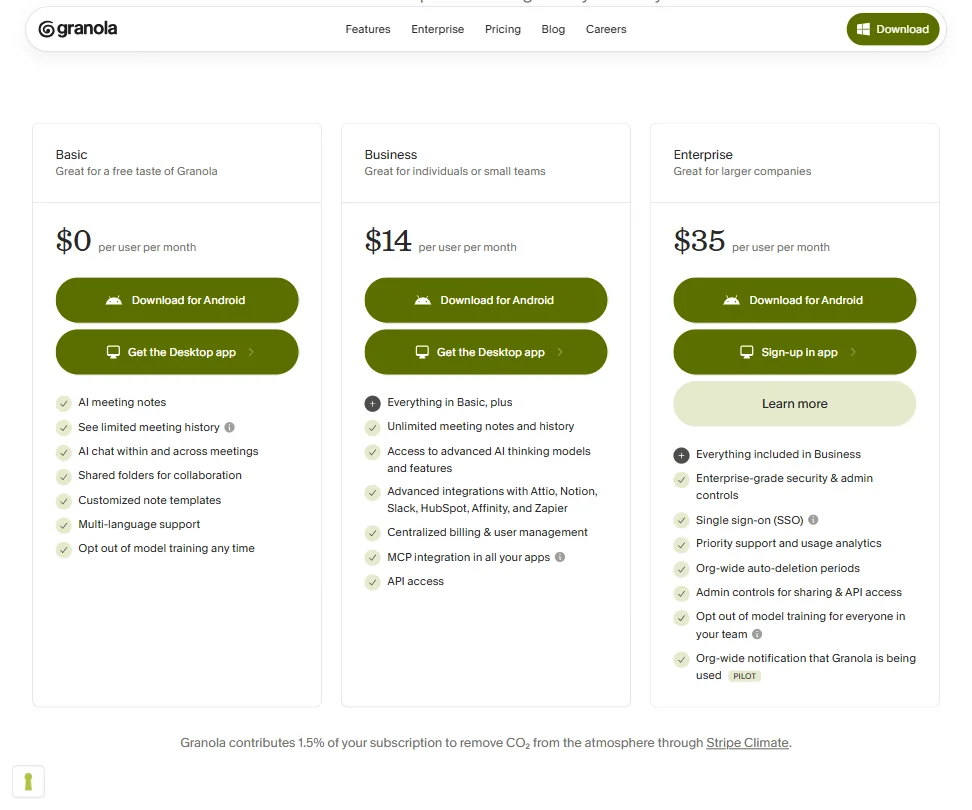 Granola pricing screenshot