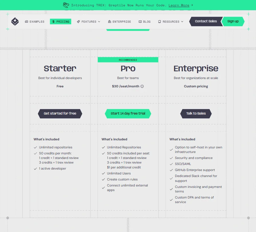 Greptile pricing screenshot
