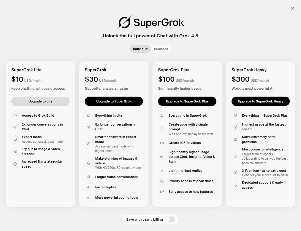 Grok pricing screenshot