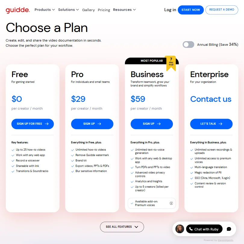 Guidde pricing screenshot
