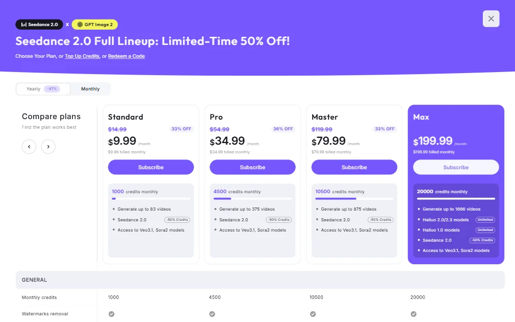 Hailuo AI pricing screenshot