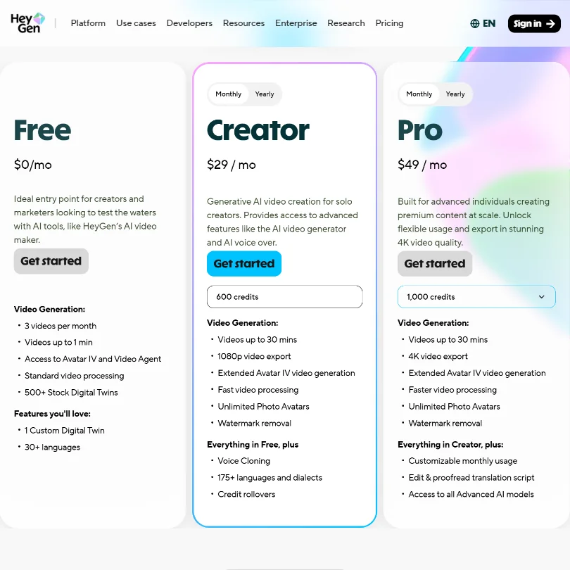 HeyGen pricing screenshot