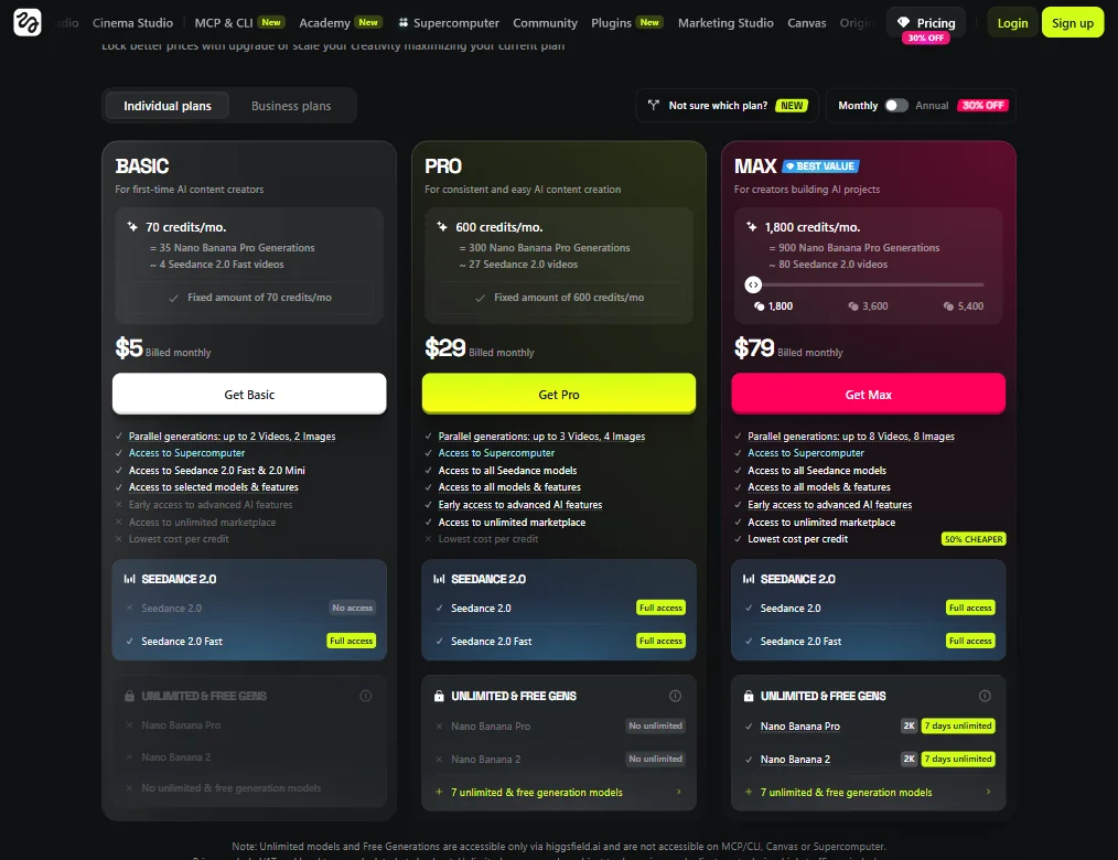 Higgsfield pricing screenshot