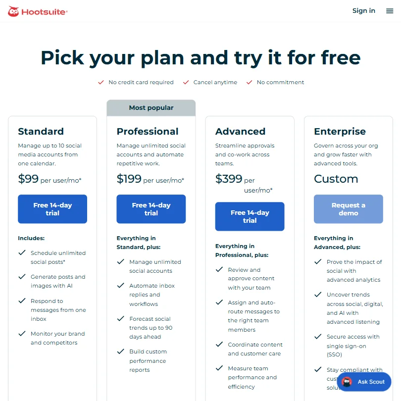 Hootsuite pricing screenshot