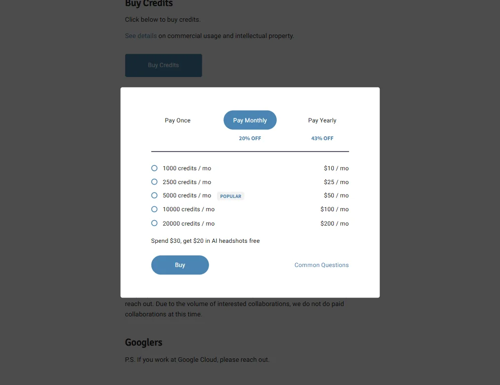 Hotpot.ai pricing screenshot