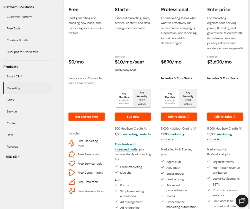 HubSpot pricing screenshot