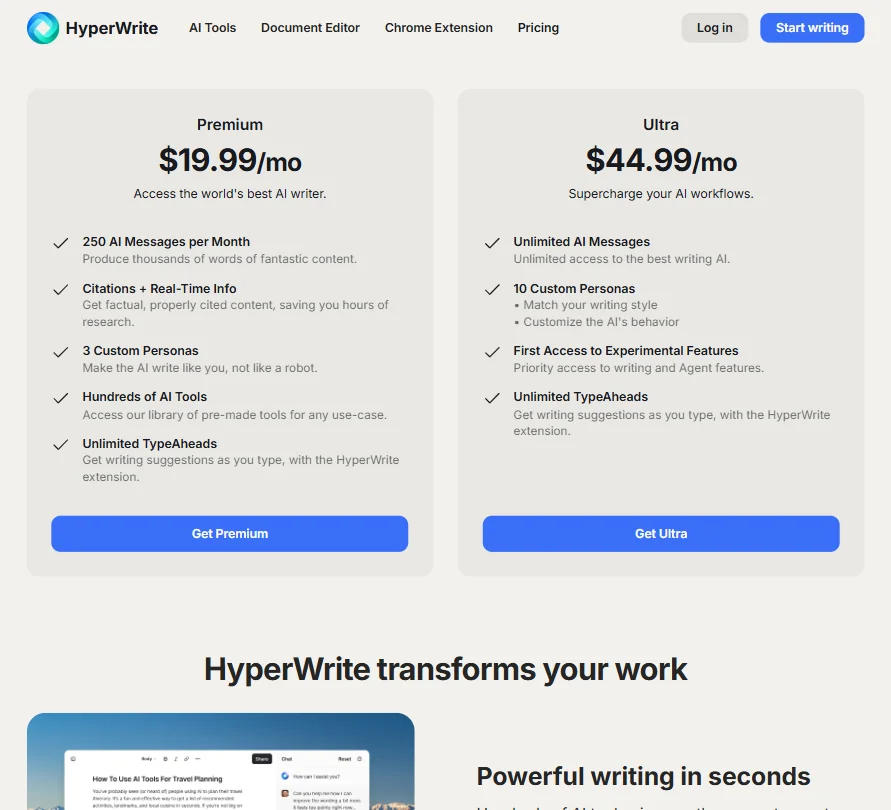 HyperWrite pricing screenshot