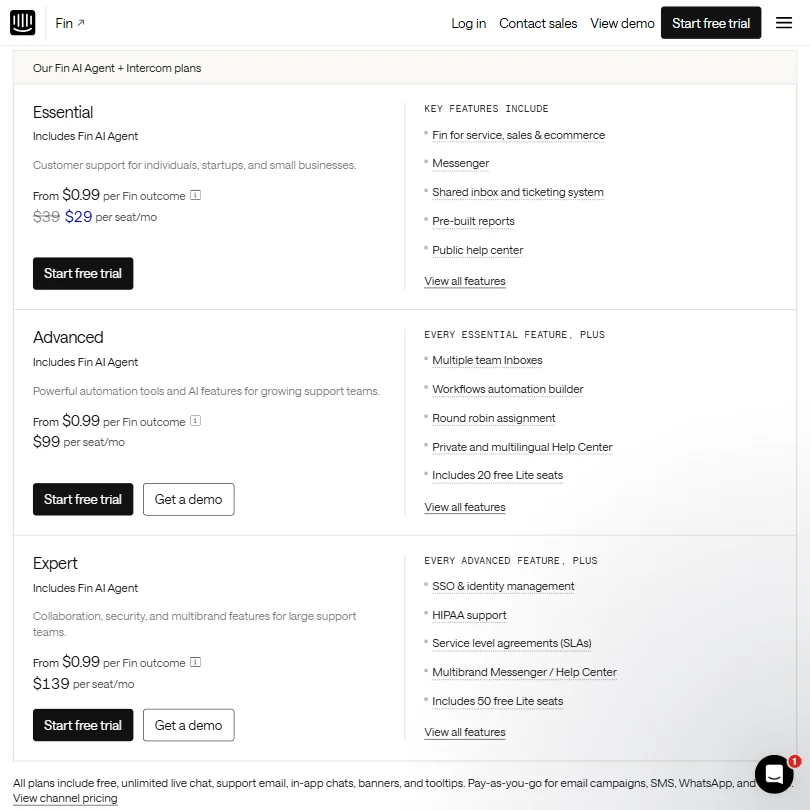 Intercom pricing screenshot