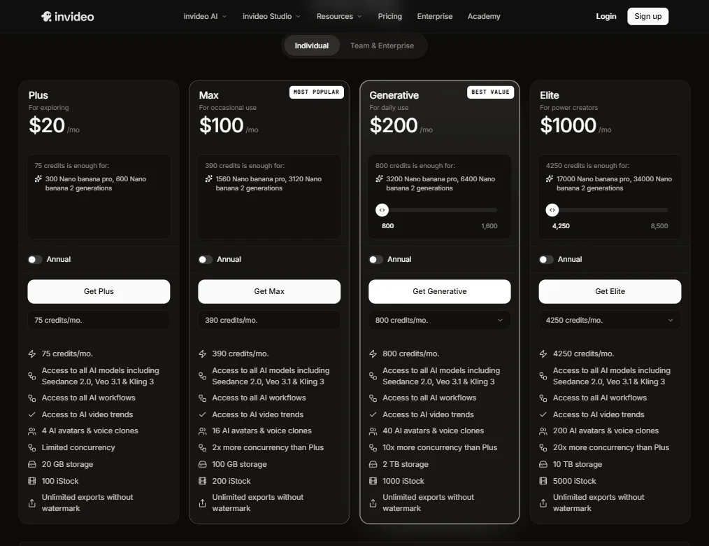 Invideo Agent One pricing screenshot