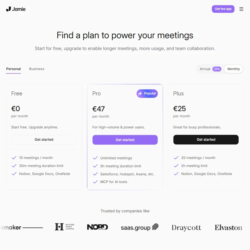Jamie pricing screenshot