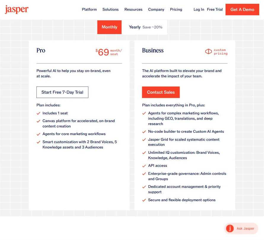 Jasper AI pricing screenshot
