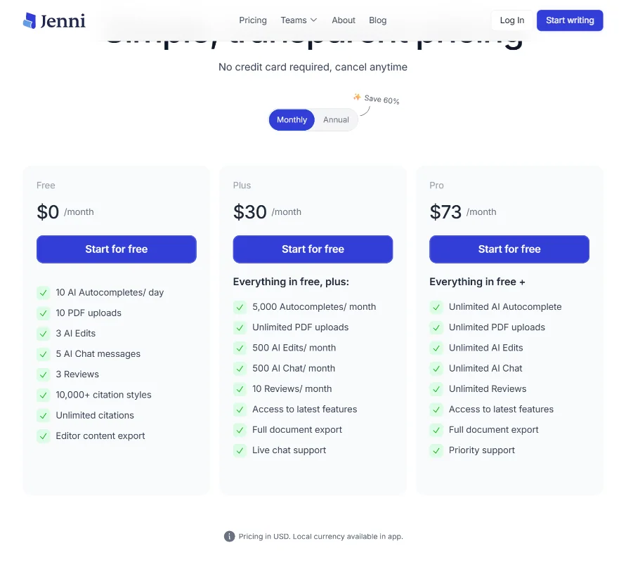 Jenni AI pricing screenshot