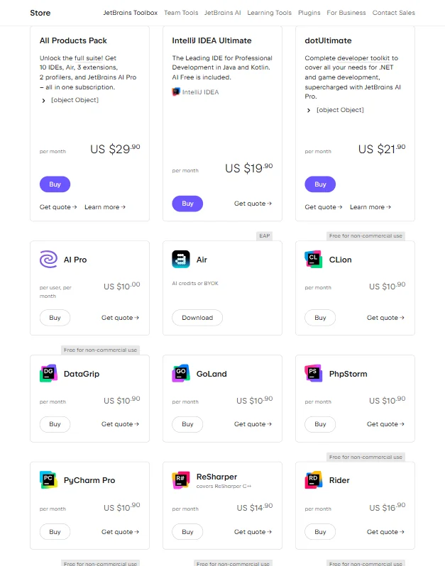 JetBrains pricing screenshot