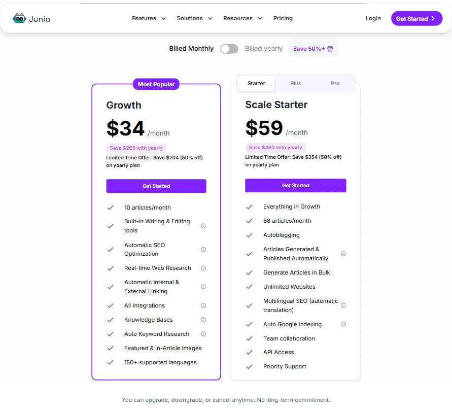 Junia AI pricing screenshot