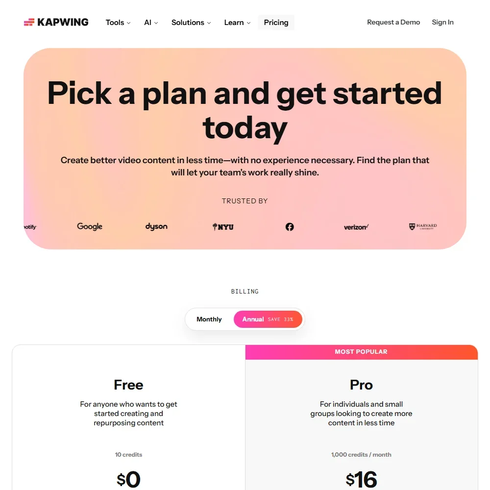 Kapwing pricing screenshot